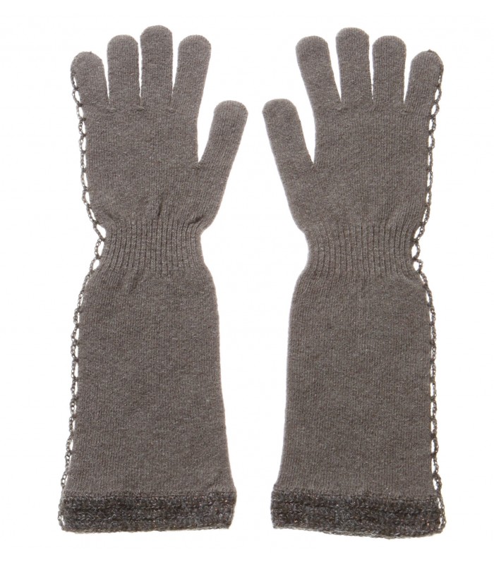 Cashmere Blend gloves with crochet decoration on the side and the bottom packaged in Signature box